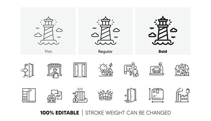 Delivery market, Door and Open door line icons. Pack of Factory, Entrance, Radiator icon. Plan, Home moving, Furniture pictogram. Cupboard, Box size, Building energy. Lighthouse. Line icons. Vector