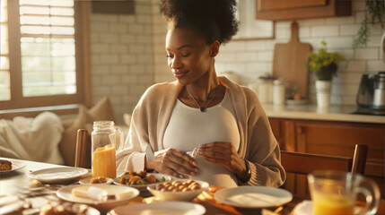 Pregnant African American woman enjoying breakfast with prenatal vitamins in a cozy kitchen setting