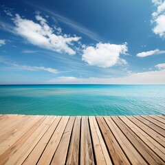 Fototapeta premium Wide wooden deck extending towards a calm ocean under a clear blue sky and cloud