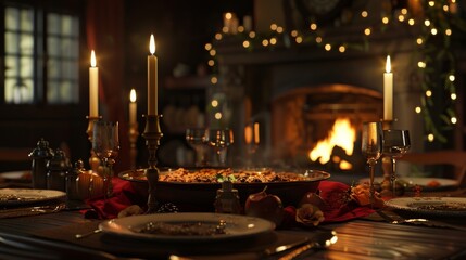 Obraz premium Cozy holiday dinner in rustic setting. Lit candles, elegant table and warm fireplace. Perfect family gathering image.