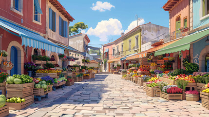 Fototapeta premium Bustling Market Street in a Charming Mediterranean Village with Vibrant Stalls and Sunny Vibes