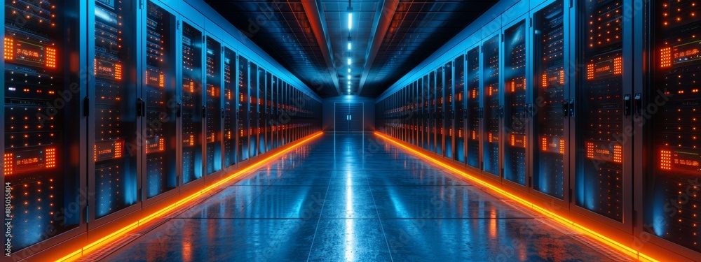 Poster a high-tech cyan orange room with rows of servers and advanced cooling systems.