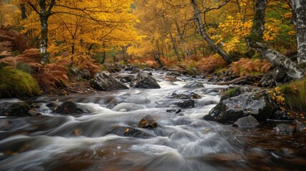 Serene autumn stream with golden leaves, surrounded by trees and rocks in the forest. Nature’s calming beauty with flowing water and vibrant colors.