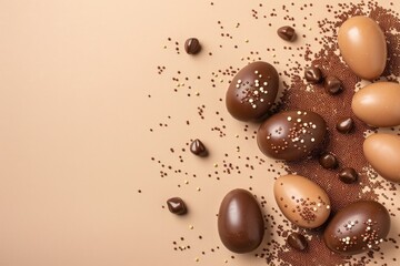 Easter Sweets Concept. Top View of Chocolate Eggs Dragees Sprinkles on Beige Background