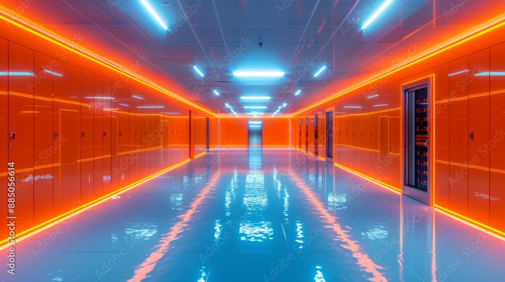 Poster a high-tech cyan orange room with rows of servers and advanced cooling systems.