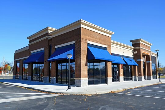 Small Bank. Commercial Retail Office Building Facades with Blue Sky and Copy Space
