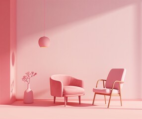 Modern Minimalist Pink Interior Design - Stylish Chairs with Decorative Vase and Pendant Light for a Chic and Cozy Ambience