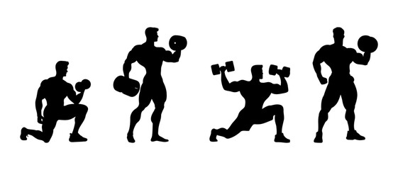 Male bodybuilder with exercise equipment silhouettes. Workout pose black filled vector Illustration icon.