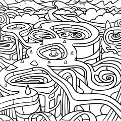 A maze or labyrinth game puzzle with a tangled road, perfect for a children's coloring page with an outline of a cartoon little character