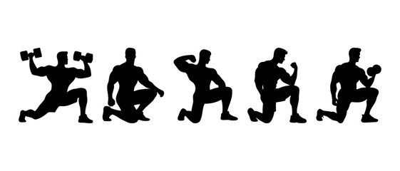  Workout pose silhouettes black filled vector Illustration icon.