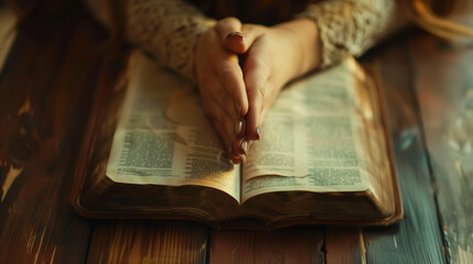 Naklejka premium Close-Up of Hands Over Bible: Woman Praying with Bible in a Cozy Setting