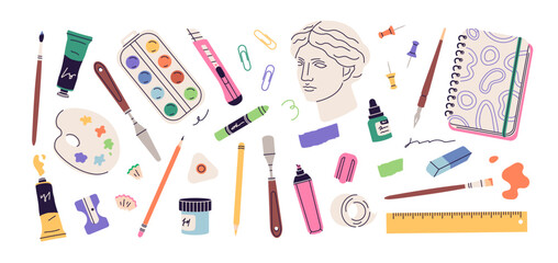 Childrens school elements. Art supplies collection. Painting tools elements set. Artistic materials collection. Paints palettes and brushes