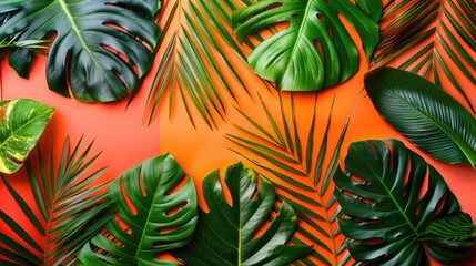 Naklejka premium Top view of various tropical leaves on colorful background