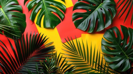 Naklejka premium Top view of various tropical leaves on colorful background