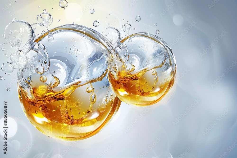Poster abstract bubbles with liquid oil and water, capturing dynamic reflections and glowing light in a mod