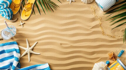 Travel essentials on sandy surface with open space Vacation theme with towel border sandals and drink container Summer scene