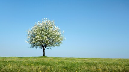 Tree on a grassy field under a clear blue sky