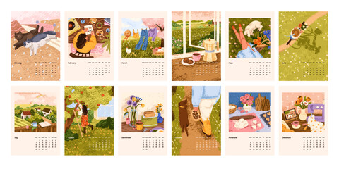 12 months calendar design. Year calender template with cute cozy nature paintings. Vertical backgrounds, posters from January to December for wall, planner, diary pages. Flat vector illustration