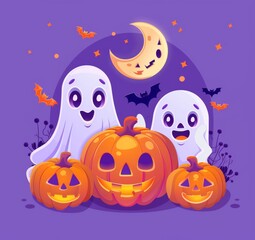 illustration of cartoon cute pumpkins, moon and ghost on purple background for Halloween festival design.