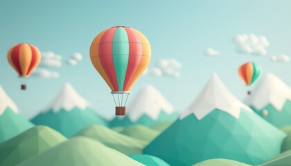 Fototapeta premium Colorful Hot Air Balloons Floating Over Geometric Mountain Landscape Illustration with Soft Clouds in the Background