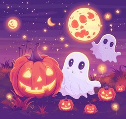 Fototapeta premium illustration of cartoon cute pumpkins, moon and ghost on purple background for Halloween festival design.