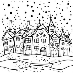Winter houses in the snow, a charming coloring book page capturing the cozy holiday spirit