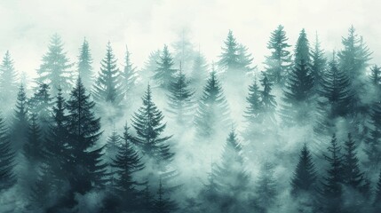 Winter watercolor forest scene depicting foggy wilderness in an artistic illustration