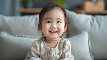 Asian baby girl smiling and sitting on sofa