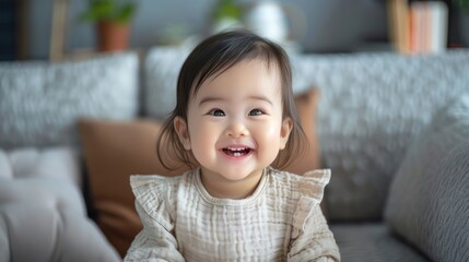 Asian baby girl smiling and sitting on sofa
