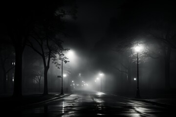 Dark city street at night with fog, lights and trees.