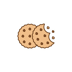 Bitten cookies with crumbs. Round cookie icon. Biscuit and cracker symbol. Colored vector illustration on white background. 