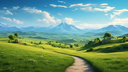 Serene landscape of a winding path through lush green fields, leading towards majestic mountains under a vibrant blue sky.