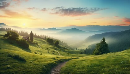 Sunrise over a serene mountain landscape with misty hills, lush green meadows, and a winding path under a colorful sky.