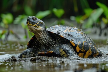 Naklejka premium A Yangtze giant softshell turtle emerging from a muddy riverbank, its large, flat shell and elongated neck seen clearly in the afternoon light. 