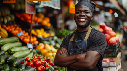 Obraz premium a handsome happy black man dressed as an employee of a nice small market, vegetables, fruits
