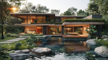 Modern House with Pool and Lush Greenery