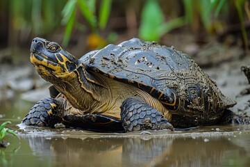 Fototapeta premium A Yangtze giant softshell turtle emerging from a muddy riverbank, its large, flat shell and elongated neck seen clearly in the afternoon light. 