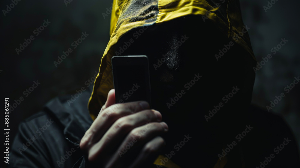 Poster hacker without face showing picture image in own hand, deep dark shadows, black and yellow colors