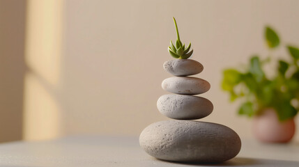 Zen stones and flower. Work-life balance in minimalism involves simplifying both professional and personal spaces, focusing on essential tasks. 