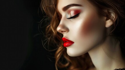 Fototapeta premium Beautiful sexy girl with bright makeup, red lips, Beautiful face.