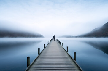 A Lone Figure Standing on a Foggy Pier, Surrounded by Calm Waters and Misty Mountains