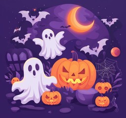 Fototapeta premium illustration of cartoon cute pumpkins, moon and ghost on purple background for Halloween festival design.