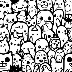 A Saint Valentine black and white horizontal banner with cute kawaii characters, full of love