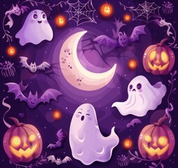 illustration of cartoon cute pumpkins, moon and ghost on purple background for Halloween festival design.