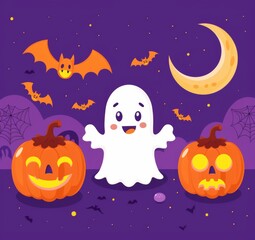 illustration of cartoon cute pumpkins, moon and ghost on purple background for Halloween festival design.