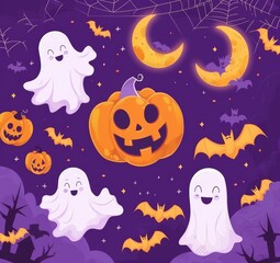 Fototapeta premium illustration of cartoon cute pumpkins, moon and ghost on purple background for Halloween festival design.