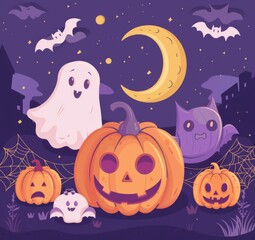 illustration of cartoon cute pumpkins, moon and ghost on purple background for Halloween festival design.