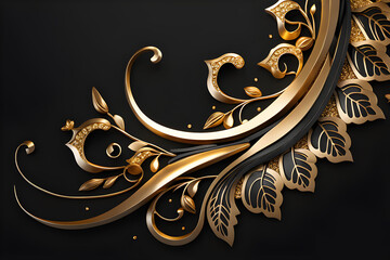 Merry Christmas decorations and happy new year background with copy space. Golden sparkling leaves on black background. Elegant Christmas background