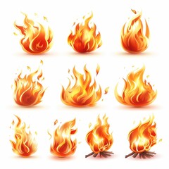 Fire icon, flame bonfire sign, campfire symbol, 3d realistic burn graphic element, fire emblem, grill pictogram