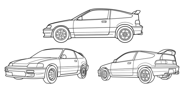 Ivano-Frankivsk, Ukraine - 25 June 2024: Outline set drawing of a Honda CRX sport compact liftback car different view. Style of 80s, 90s. Vector doodle illustration, design for coloring book or print